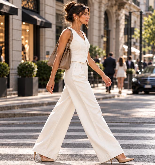 Conjunto off-white em um editorial de rua